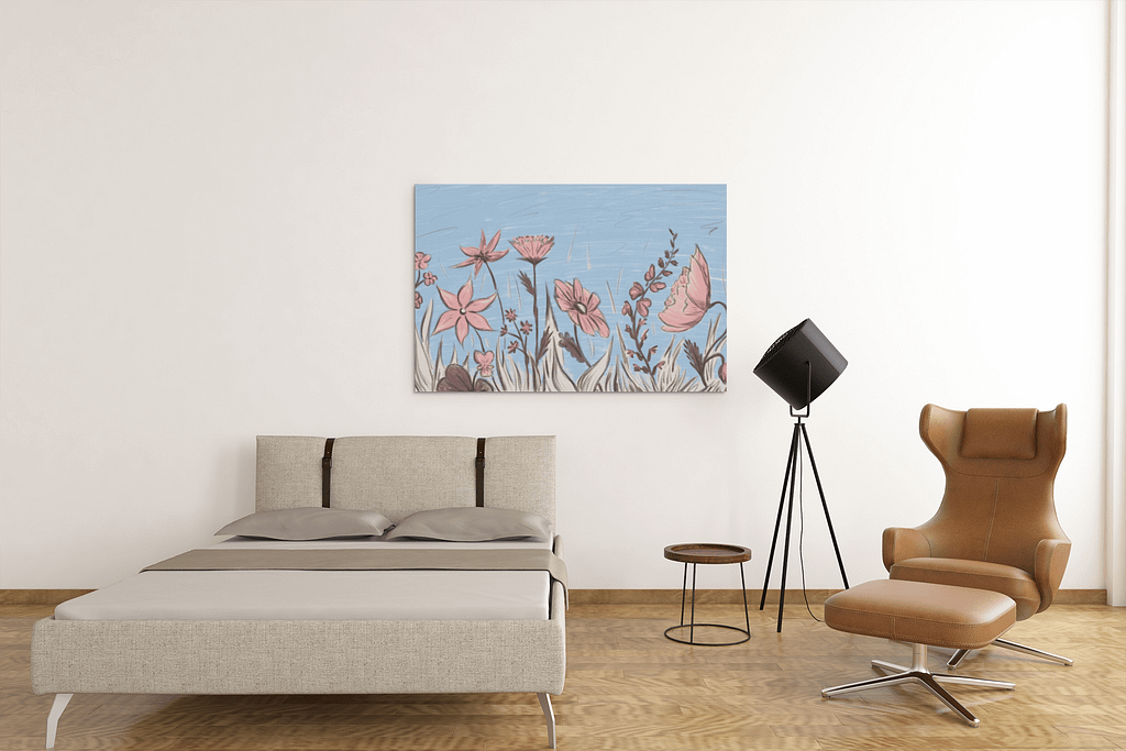 Obraz na motivy louky v kombinaci růžové a modré barvy - Louka